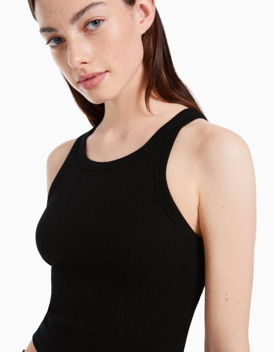 Schwarz Bershka unisex Geripptes Tanktop H00J3854