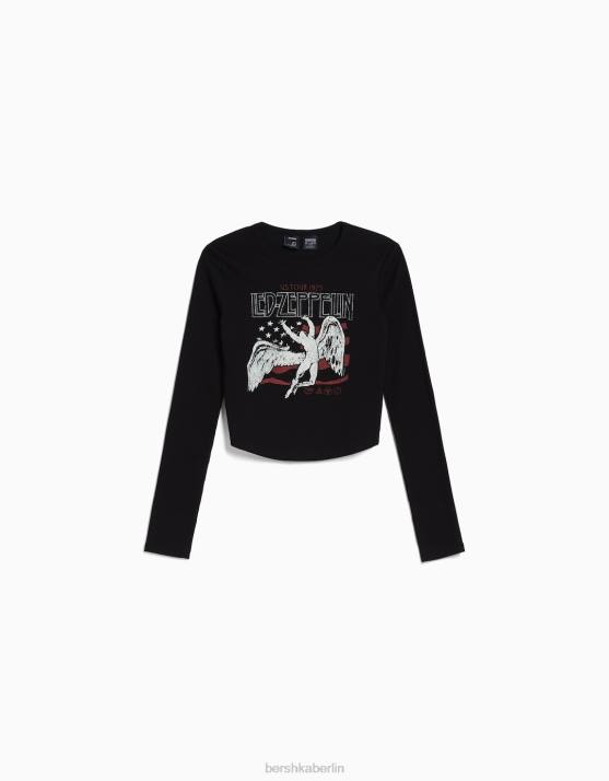 Schwarz Bershka unisex Kurzärmliges T-Shirt mit LED-Zeppelin-Print H00J3832