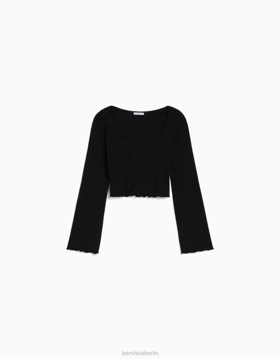Schwarz Bershka unisex Langarm-T-Shirt mit Rundhalsausschnitt H00J3817