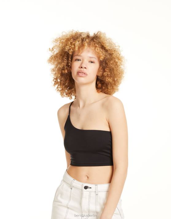 Schwarz Bershka unisex asymmetrisches Crop-Top mit Träger H00J3855
