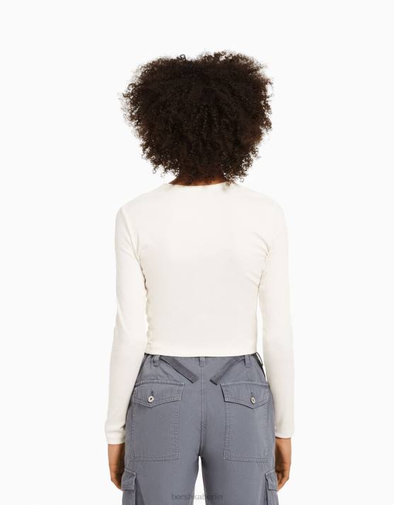 Weiss Bershka unisex Geripptes Langarm-T-Shirt H00J3803