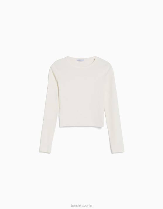 Weiss Bershka unisex Geripptes Langarm-T-Shirt H00J3803