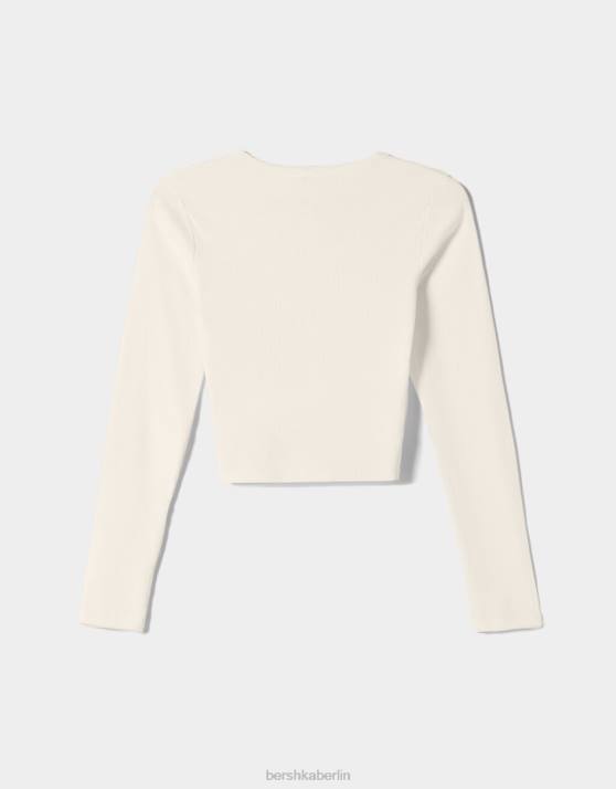 Weiss Bershka unisex Geripptes Langarm-T-Shirt H00J3803