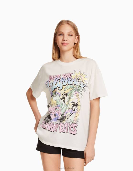 Weiss Bershka unisex Kurzarm-T-Shirt mit Aufdruck H00J3786
