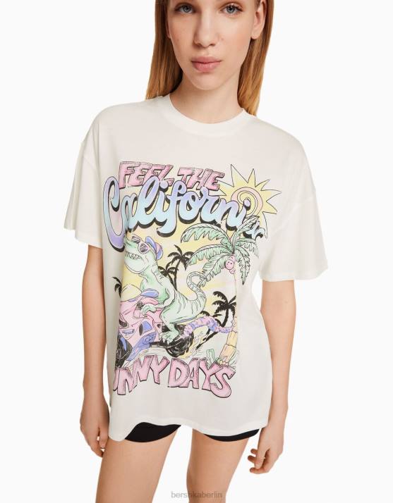 Weiss Bershka unisex Kurzarm-T-Shirt mit Aufdruck H00J3786