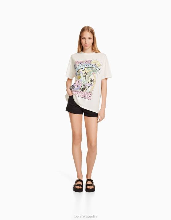 Weiss Bershka unisex Kurzarm-T-Shirt mit Aufdruck H00J3786