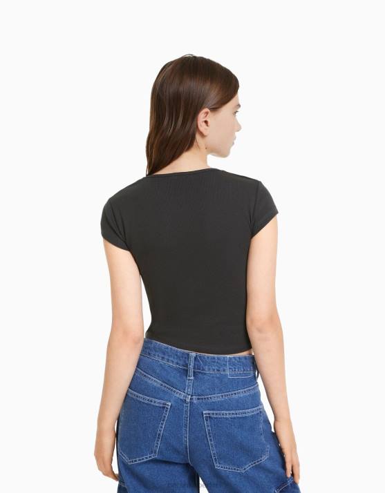 dunkelgrau Bershka unisex Geripptes Kurzarm-T-Shirt H00J3721