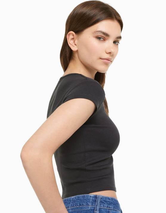 dunkelgrau Bershka unisex Geripptes Kurzarm-T-Shirt H00J3721