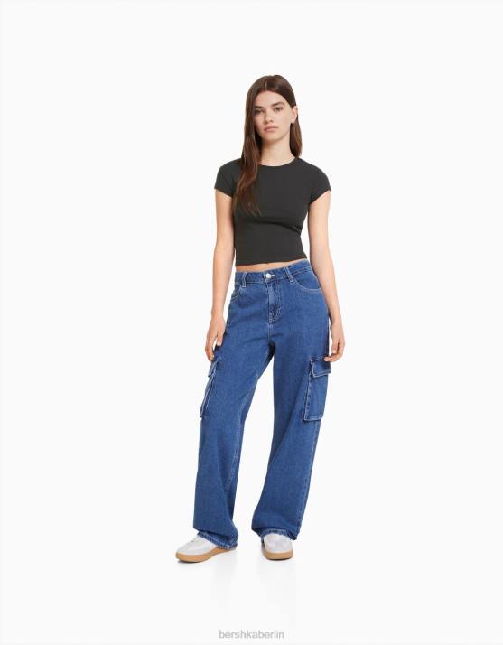 dunkelgrau Bershka unisex Geripptes Kurzarm-T-Shirt H00J3721