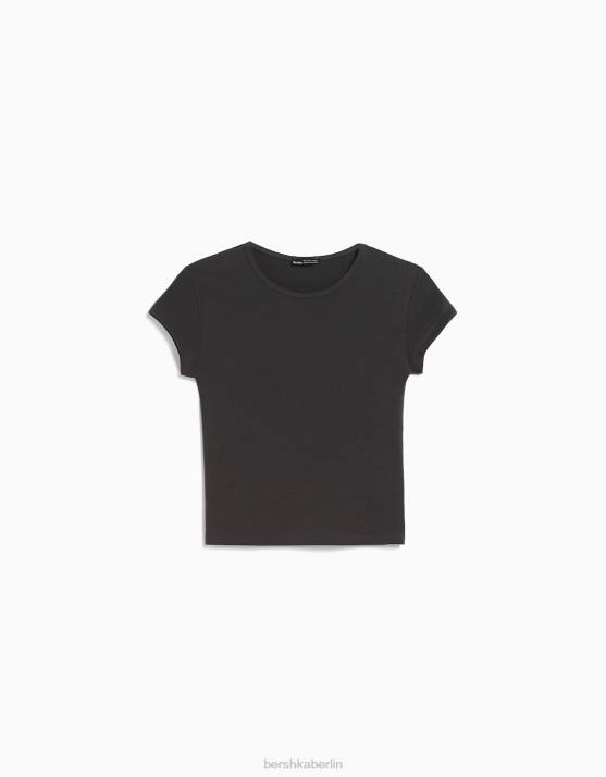 dunkelgrau Bershka unisex Geripptes Kurzarm-T-Shirt H00J3721