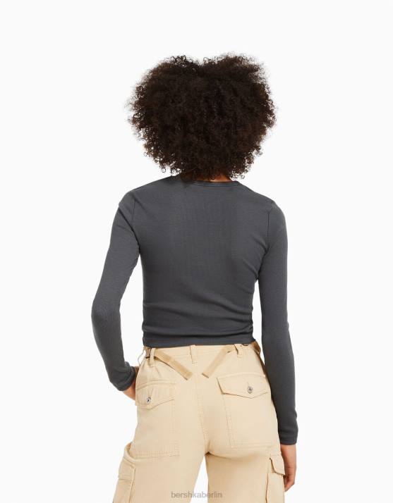 dunkelgrau Bershka unisex Geripptes Langarm-T-Shirt H00J3806