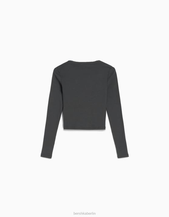 dunkelgrau Bershka unisex Geripptes Langarm-T-Shirt H00J3806