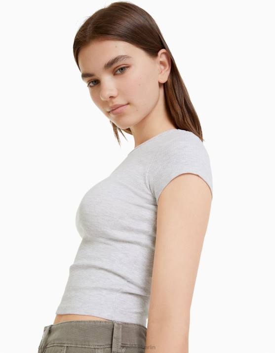 grau Bershka unisex Geripptes Kurzarm-T-Shirt H00J3746