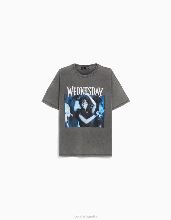 grau Bershka unisex Kurzarm-T-Shirt mit Mittwochs-Print H00J3702
