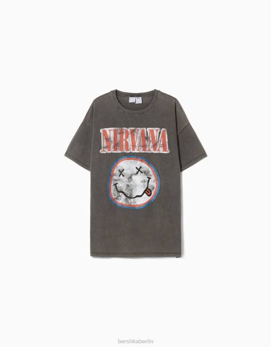 grau Bershka unisex Kurzarm-T-Shirt mit Nirvana-Print H00J3703