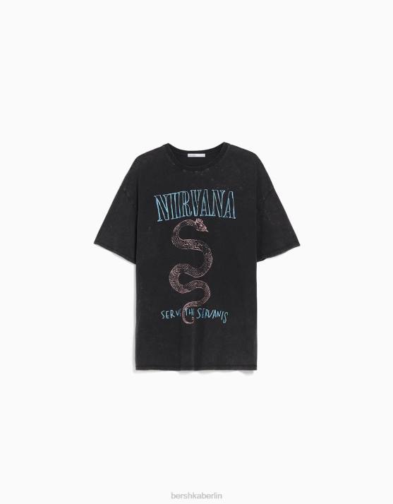 grau Bershka unisex Kurzarm-T-Shirt mit Nirvana-Print H00J3788