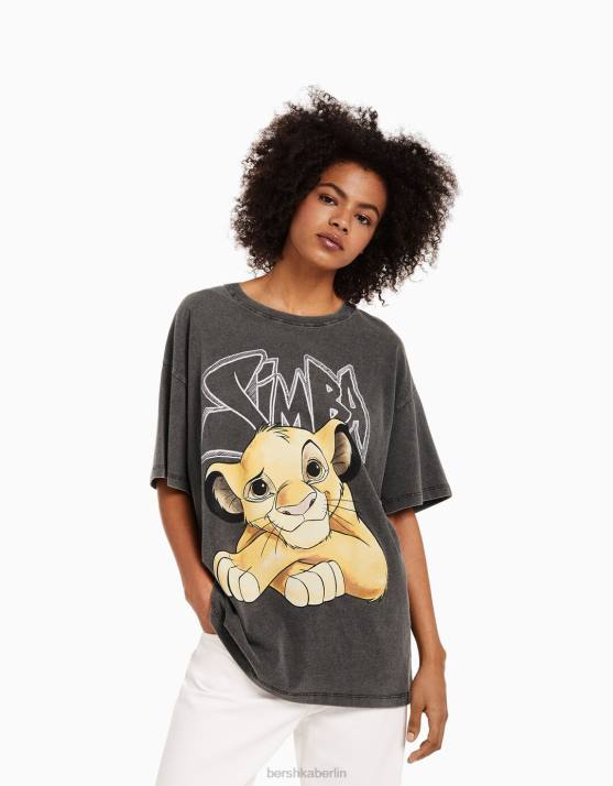 grau Bershka unisex Kurzarm-T-Shirt mit Simba-Print H00J3829