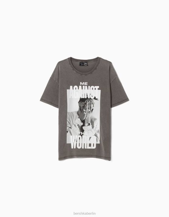 grau Bershka unisex Kurzarm-T-Shirt mit Tupac-Print H00J3704