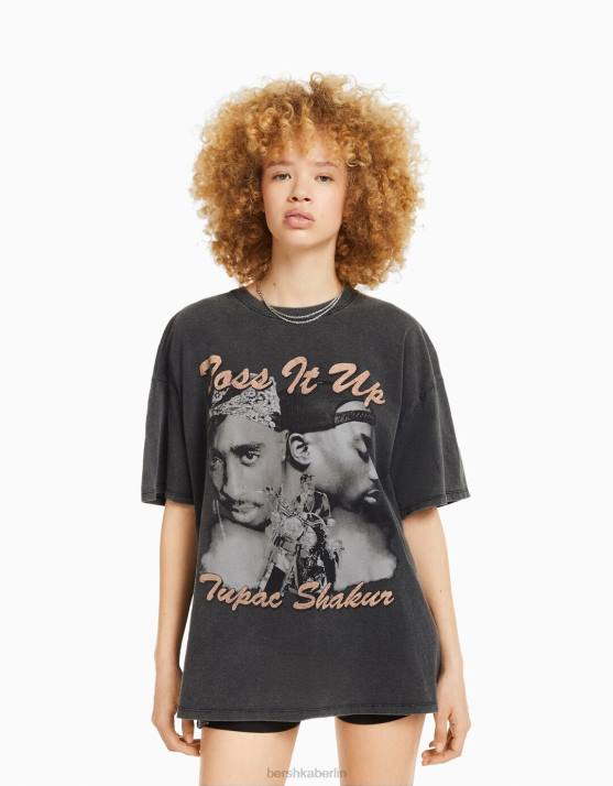 grau Bershka unisex Kurzarm-T-Shirt mit Tupac-Print H00J3766