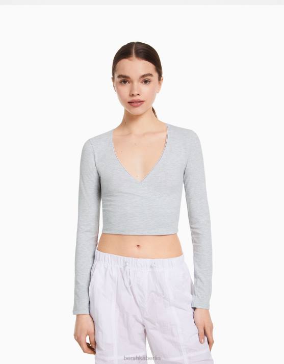 grau Bershka unisex Langarm-T-Shirt mit gekreuzten Ärmeln H00J3754