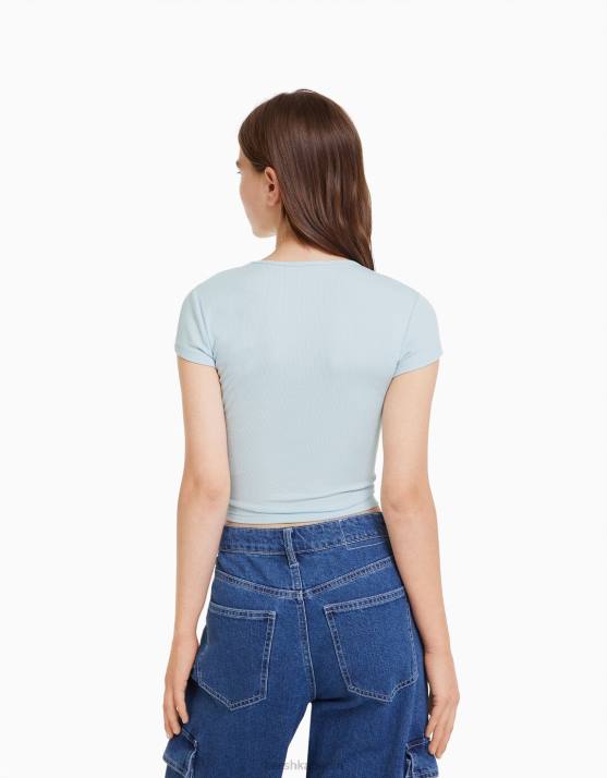 hellblau Bershka unisex Geripptes Kurzarm-T-Shirt H00J3716