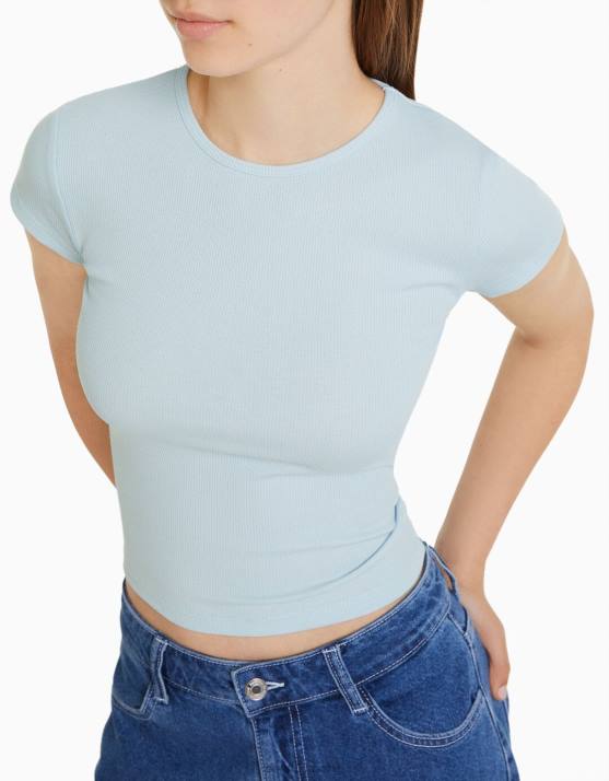 hellblau Bershka unisex Geripptes Kurzarm-T-Shirt H00J3716