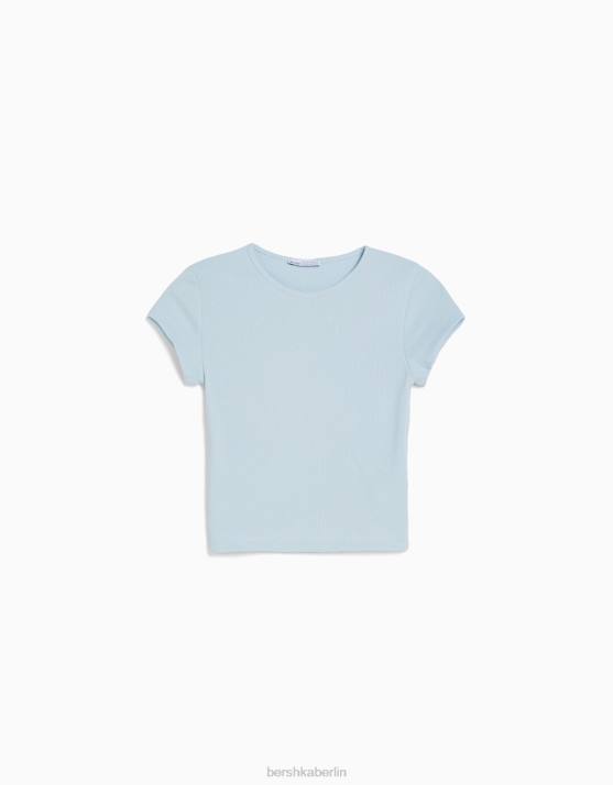 hellblau Bershka unisex Geripptes Kurzarm-T-Shirt H00J3716