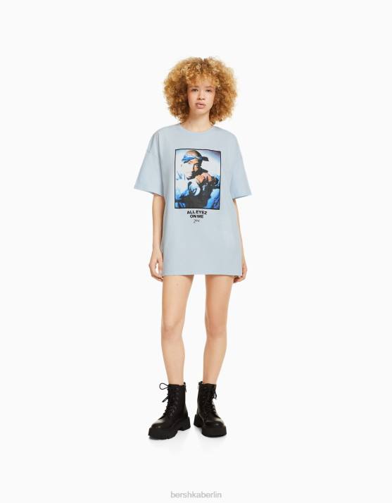 hellblau Bershka unisex Tupac-T-Shirt mit kurzen Ärmeln H00J3709