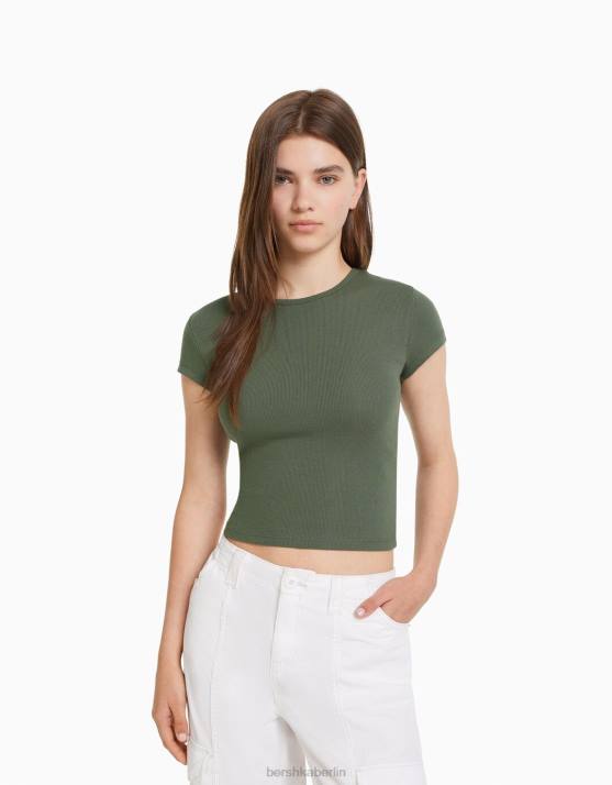 khaki Bershka unisex Geripptes Kurzarm-T-Shirt H00J3720
