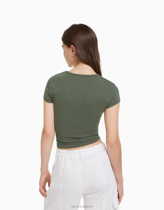 khaki Bershka unisex Geripptes Kurzarm-T-Shirt H00J3720