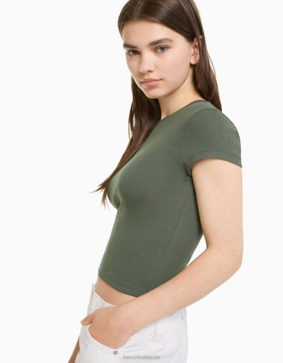 khaki Bershka unisex Geripptes Kurzarm-T-Shirt H00J3720