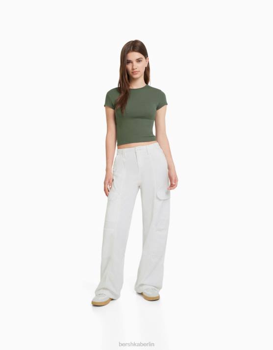 khaki Bershka unisex Geripptes Kurzarm-T-Shirt H00J3720