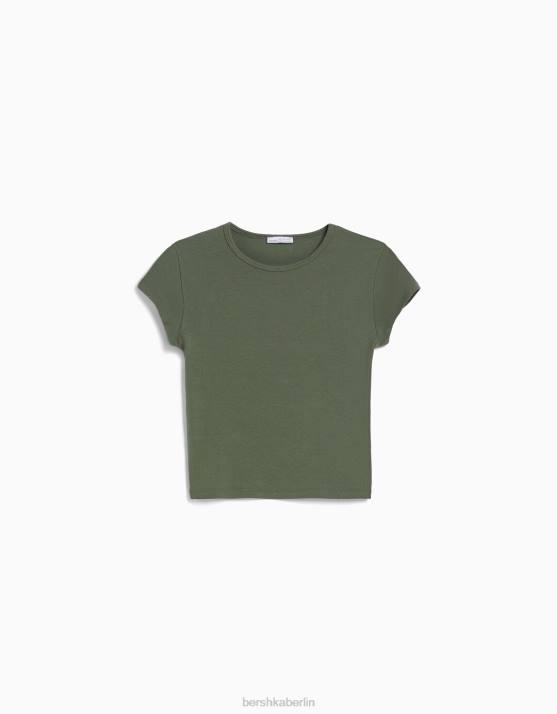 khaki Bershka unisex Geripptes Kurzarm-T-Shirt H00J3720