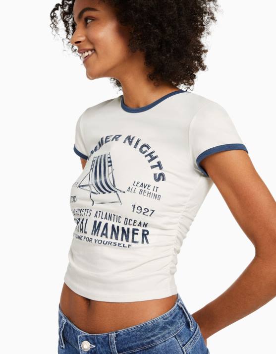 nicht-gerade weiss Bershka unisex Bedrucktes, geripptes Kurzarm-T-Shirt H00J3810