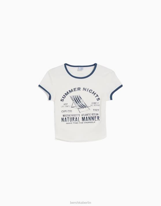 nicht-gerade weiss Bershka unisex Bedrucktes, geripptes Kurzarm-T-Shirt H00J3810