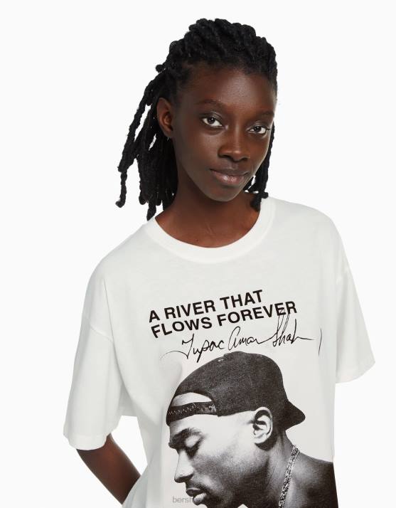 nicht-gerade weiss Bershka unisex Kurzarm-T-Shirt mit Tupac-Print H00J3767