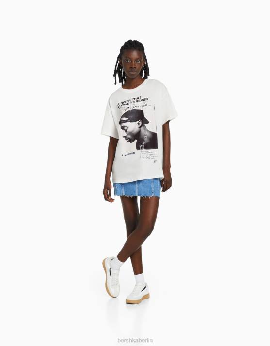 nicht-gerade weiss Bershka unisex Kurzarm-T-Shirt mit Tupac-Print H00J3767