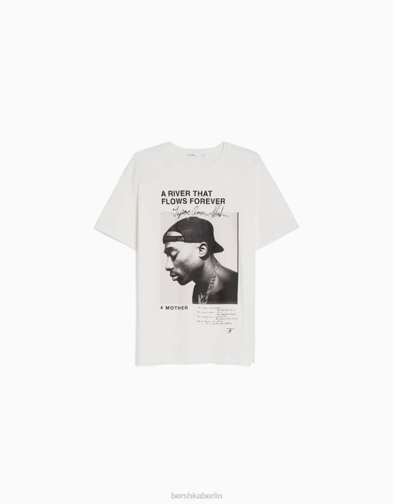 nicht-gerade weiss Bershka unisex Kurzarm-T-Shirt mit Tupac-Print H00J3767