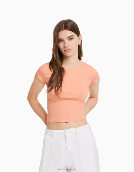 orange Bershka unisex Geripptes Kurzarm-T-Shirt H00J3747