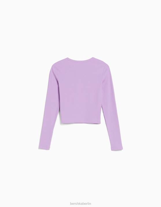violett Bershka unisex Geripptes Langarm-T-Shirt H00J3805