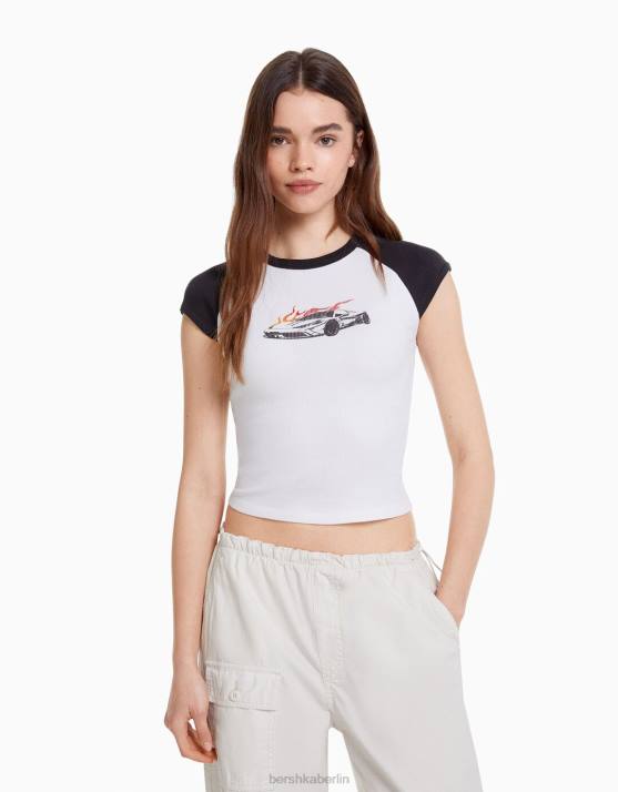 weiß schwarz Bershka unisex Bedrucktes T-Shirt mit kurzen Raglanärmeln H00J3712