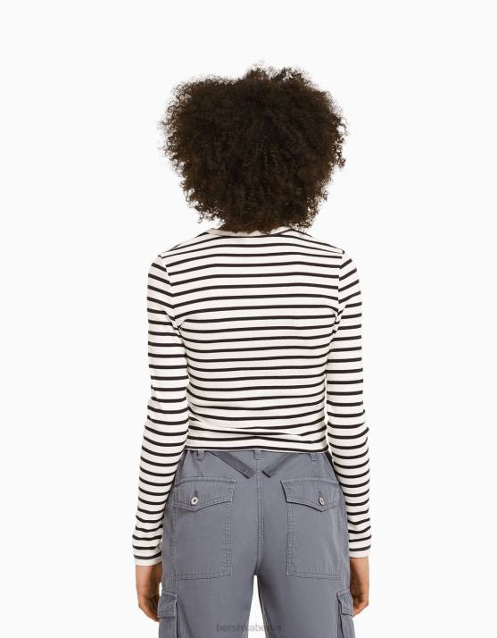 weiß schwarz Bershka unisex Geripptes Langarm-T-Shirt H00J3804