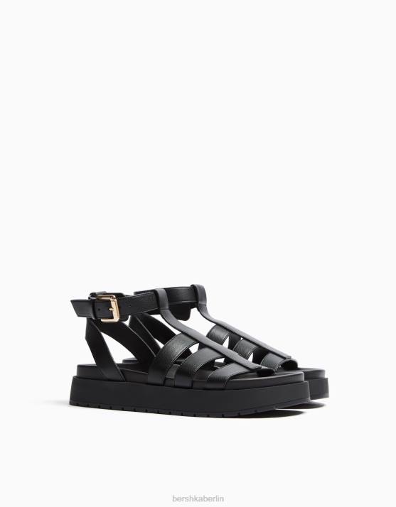 Schwarz Bershka unisex flache Käfigsandalen H00J4168