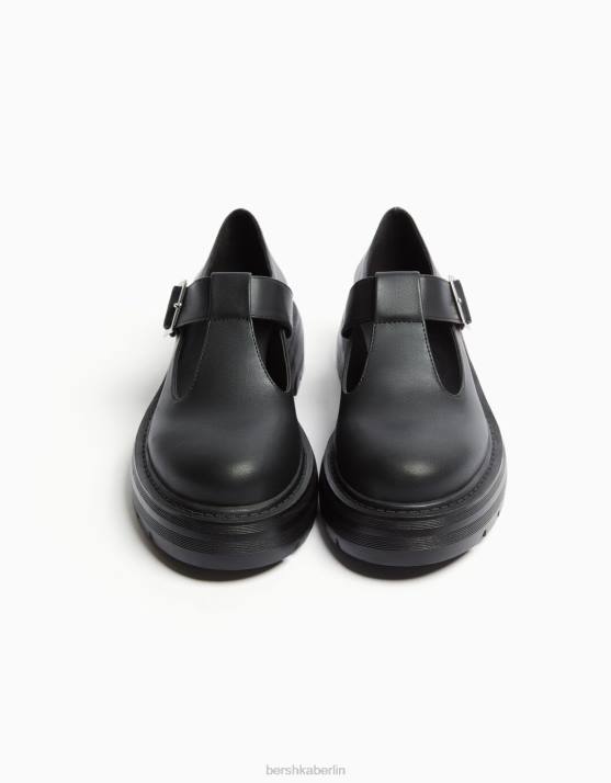 Schwarz Bershka unisex flache Mary-Jane-Schuhe H00J4165