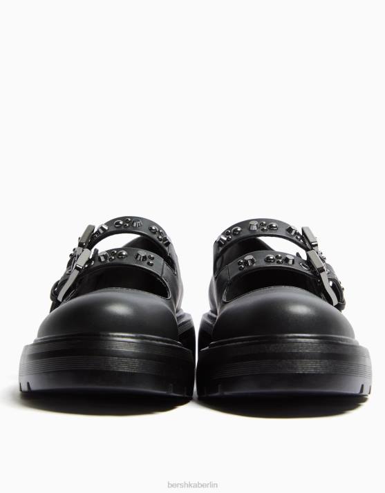 Schwarz Bershka unisex flache Mary-Jane-Schuhe H00J4166