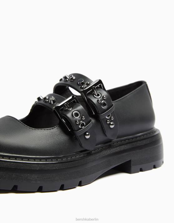 Schwarz Bershka unisex flache Mary-Jane-Schuhe H00J4166