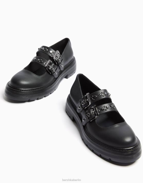 Schwarz Bershka unisex flache Mary-Jane-Schuhe H00J4166