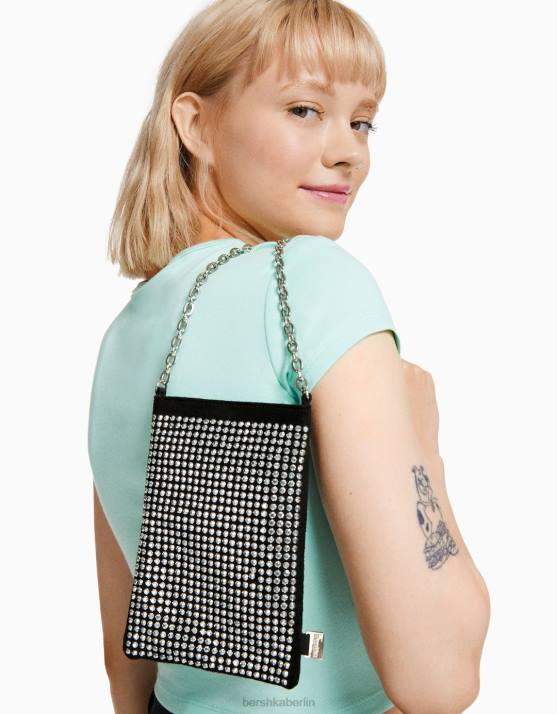 Schwarz Bershka unisex Handytasche mit Nieten und Kette H00J4202